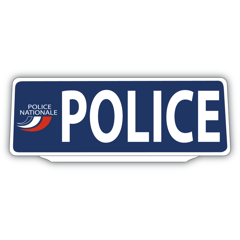 Un clip pare-soleil avec fond bleu rappelant les uniformes de la Police. L'inscription police est marquée en gros. Le logo Police Nationale est positionné à gauche.